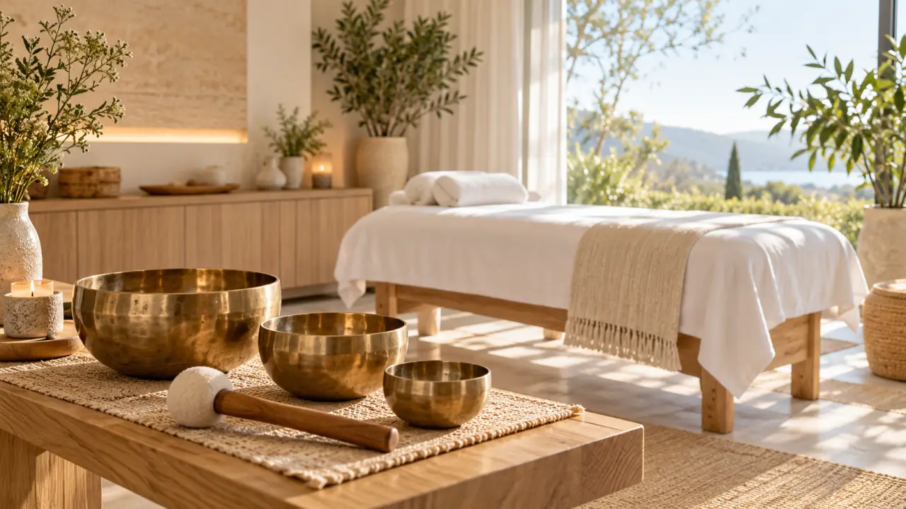 Espace de relaxation avec bols chantants pour une séance de sonothérapie