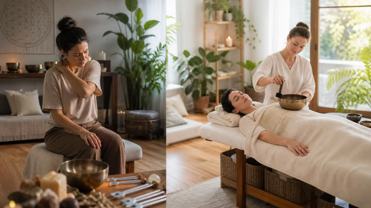 Femme apaisée recevant un massage sonore avec des bols tibétains dans une ambiance lumineuse et végétale