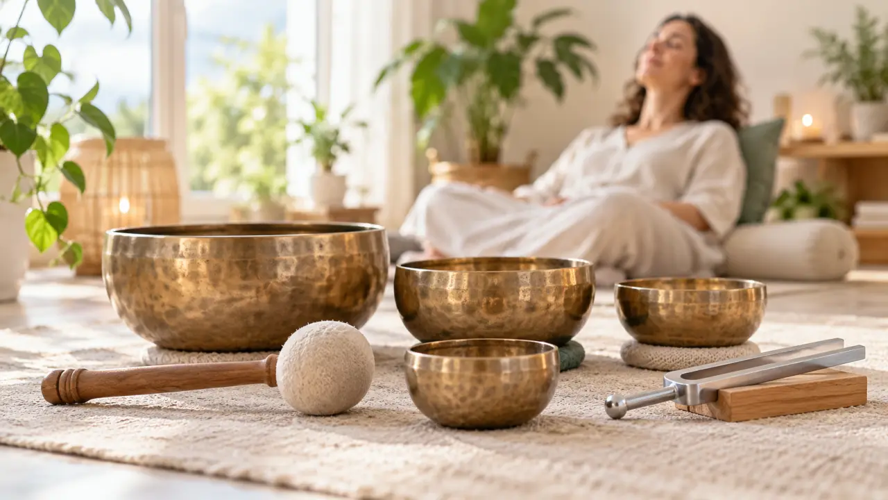 Séance de sonothérapie apaisante avec des bols tibétains dans un espace lumineux