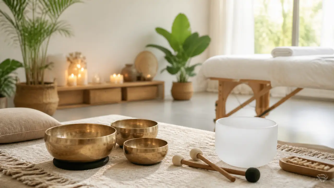 Personne recevant une séance de sonothérapie dans une ambiance douce et végétale