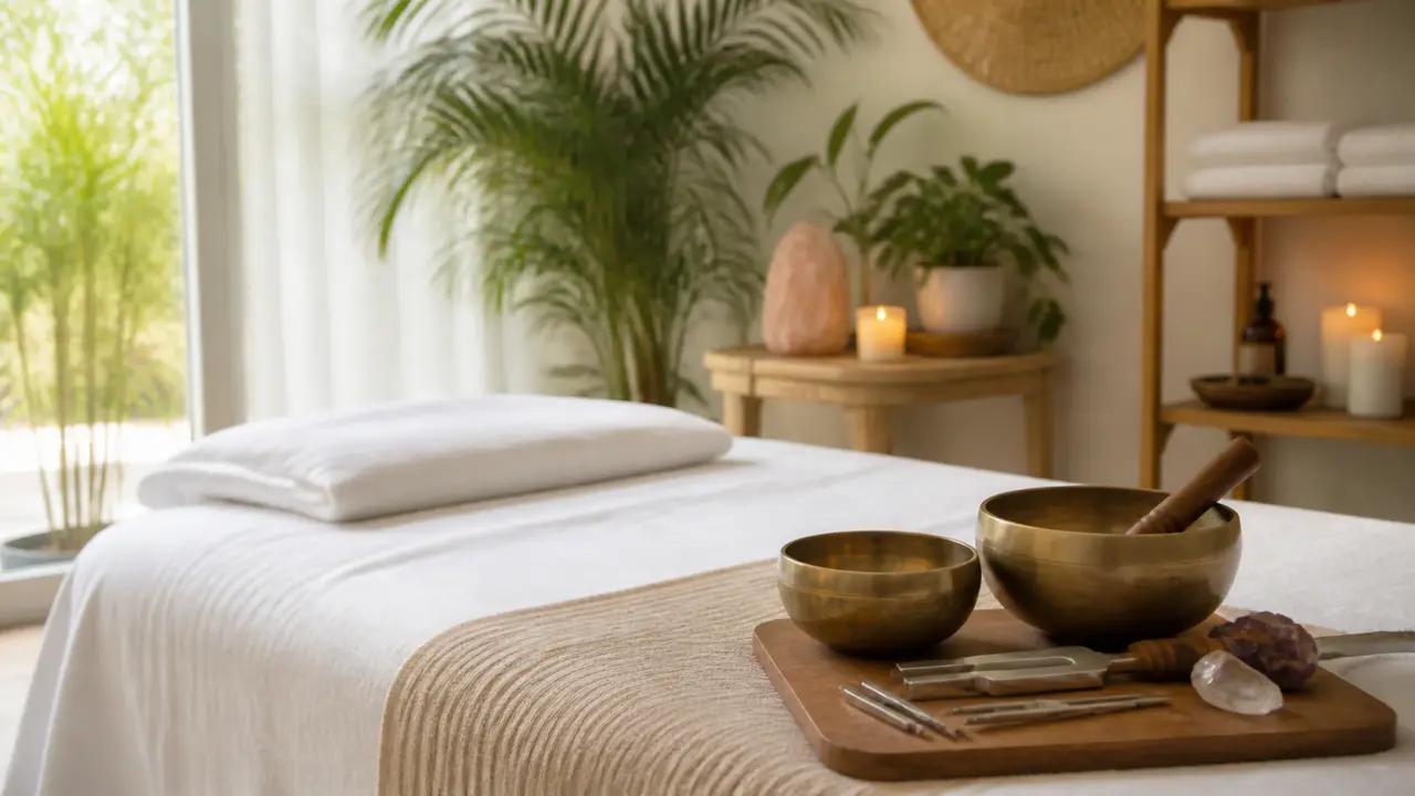 Femme recevant un massage sonore avec des bols tibétains dans une atmosphère apaisante