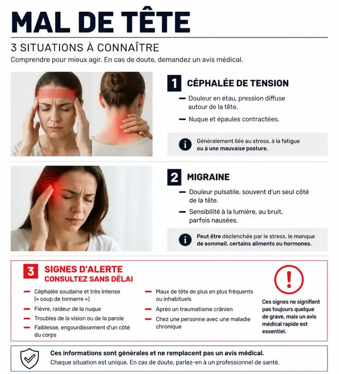 Remède mal de tête grand-mère : distinguer céphalée de tension, migraine et signes d’alerte