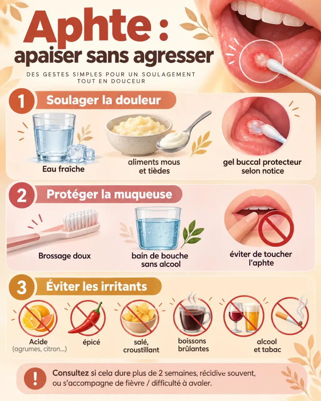 Aphte : que faire pour soulager la douleur, protéger la muqueuse et éviter les irritants ?