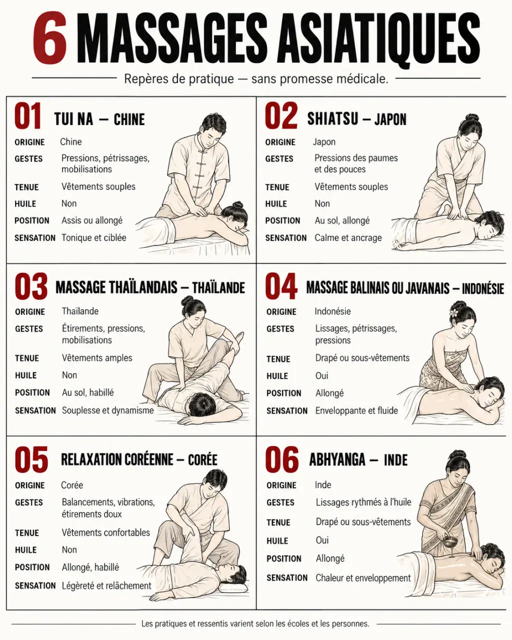 Infographie comparative des massages asiatiques selon les gestes, la tenue, l’huile et l’intensité