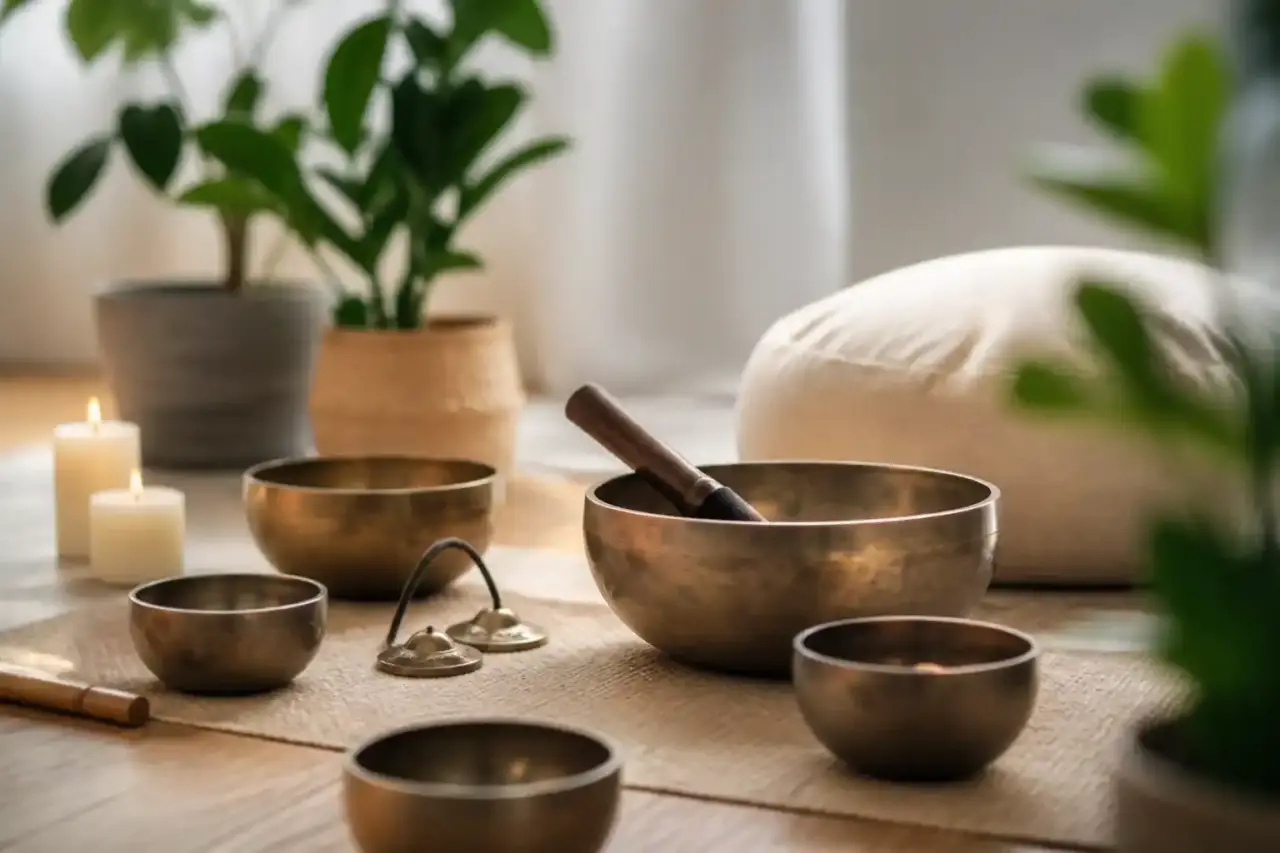 Femme apaisée recevant un massage sonore avec des bols tibétains, dans une ambiance lumineuse et végétale