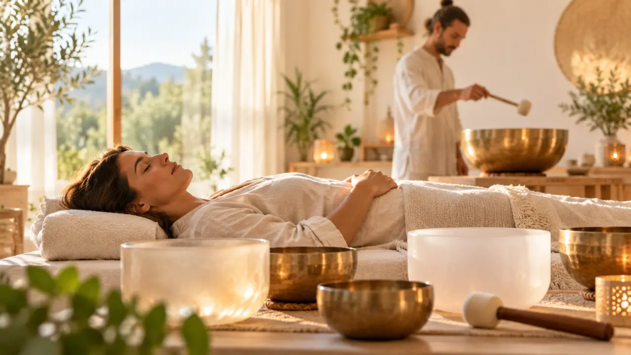 Séance sonore apaisante avec des bols tibétains dans un espace de relaxation