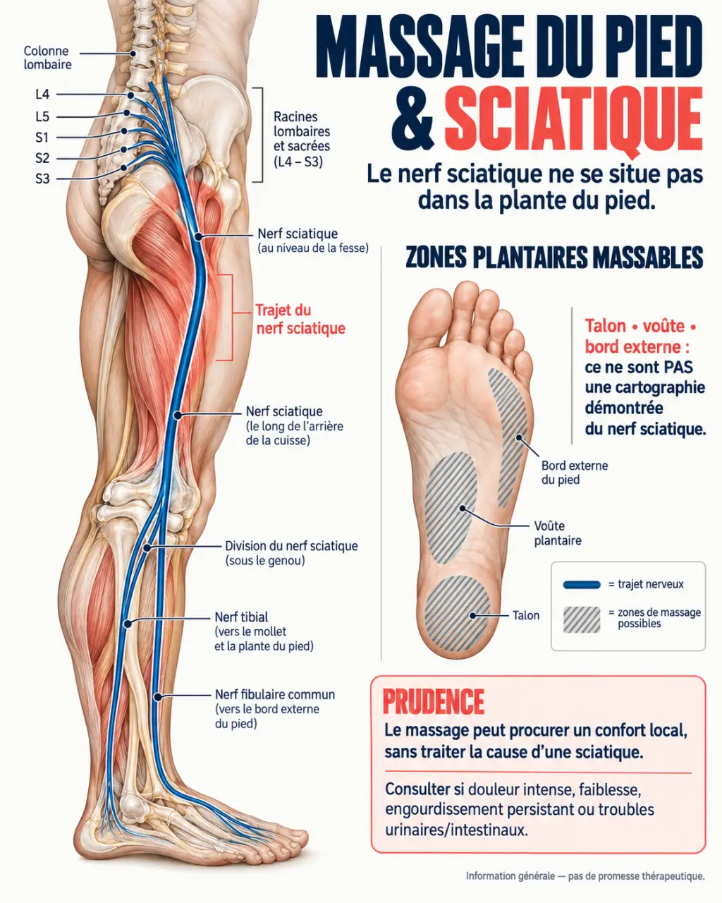 Schéma du massage pied nerf sciatique distinguant le trajet du nerf et les zones plantaires massables