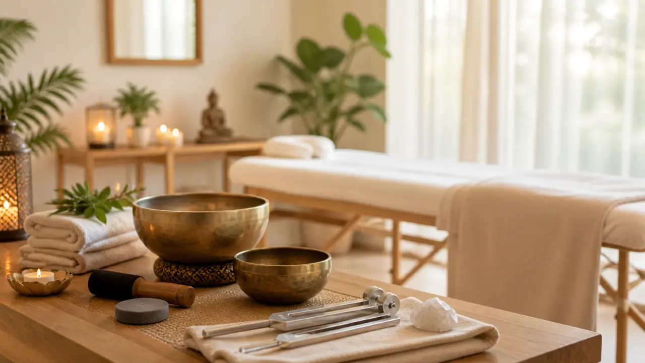 Femme apaisée recevant un soin sonore dans une ambiance végétale et lumineuse