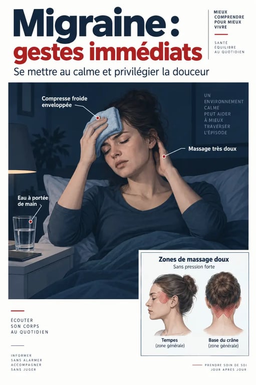 Illustration pour soulager une migraine naturellement et rapidement avec froid, hydratation et massage doux