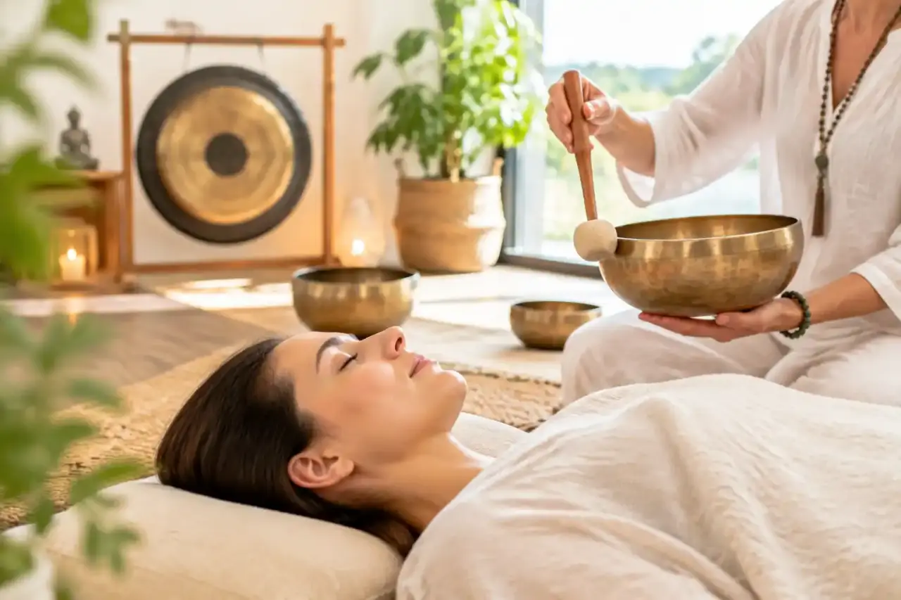 Femme apaisée recevant une séance de massage sonore avec des bols tibétains