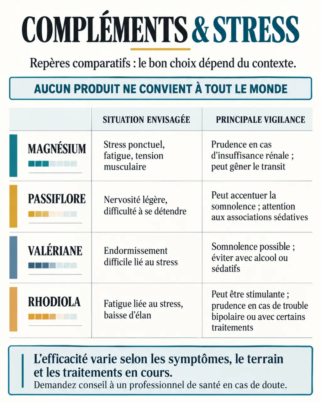 Infographie comparative sur le meilleur complément alimentaire stress : magnésium, passiflore, valériane et rhodiola