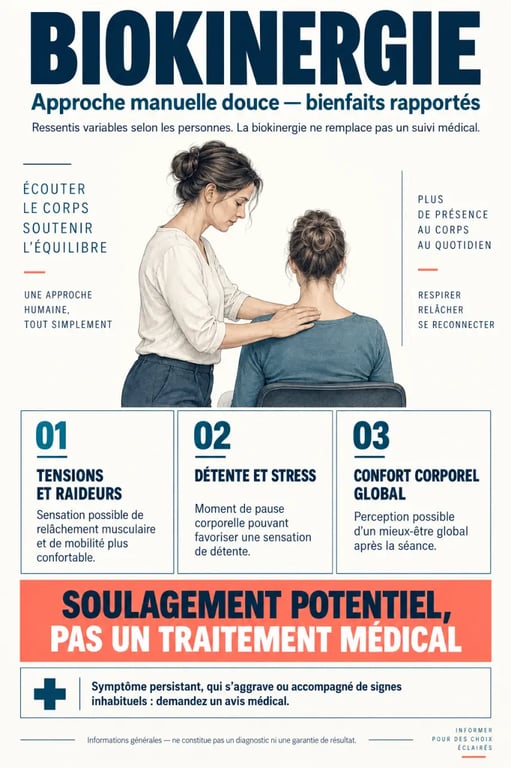Biokinergie bienfaits rapportés, séance douce et limites médicales