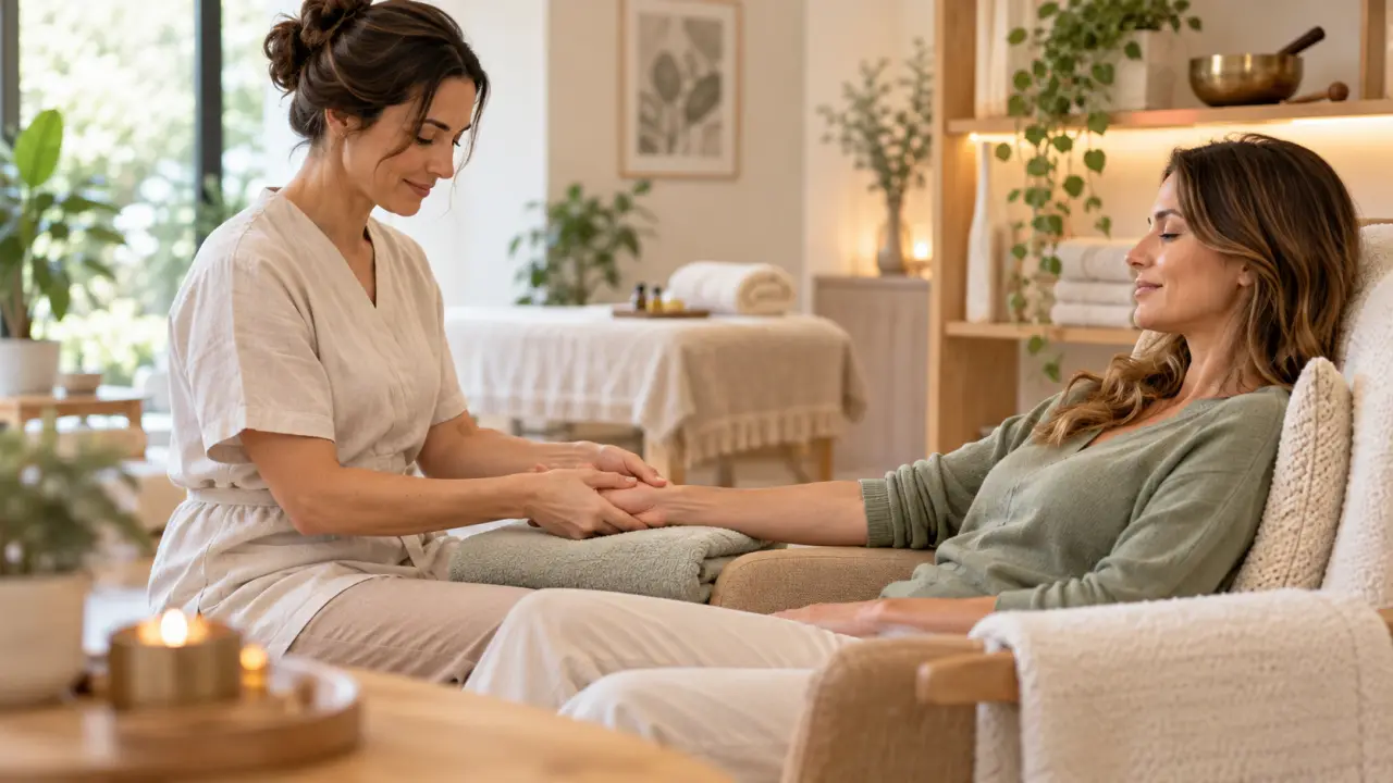 Séance de massage énergétique dans une atmosphère douce et apaisante