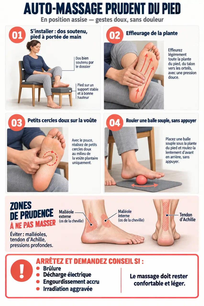 Étapes d'auto-massage du pied pour un massage pied nerf sciatique doux et interrompable