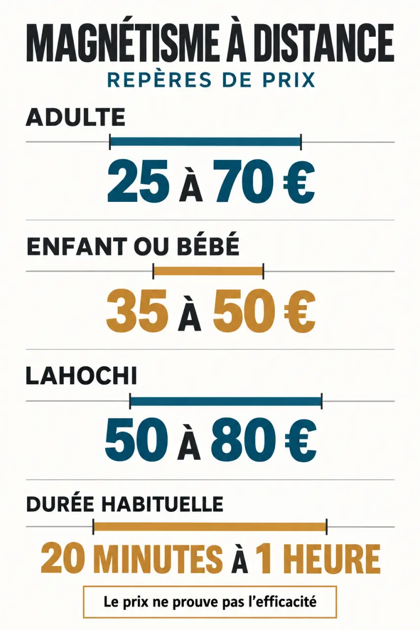 Infographie des tarifs du magnétisme à distance selon le bénéficiaire, la pratique et la durée
