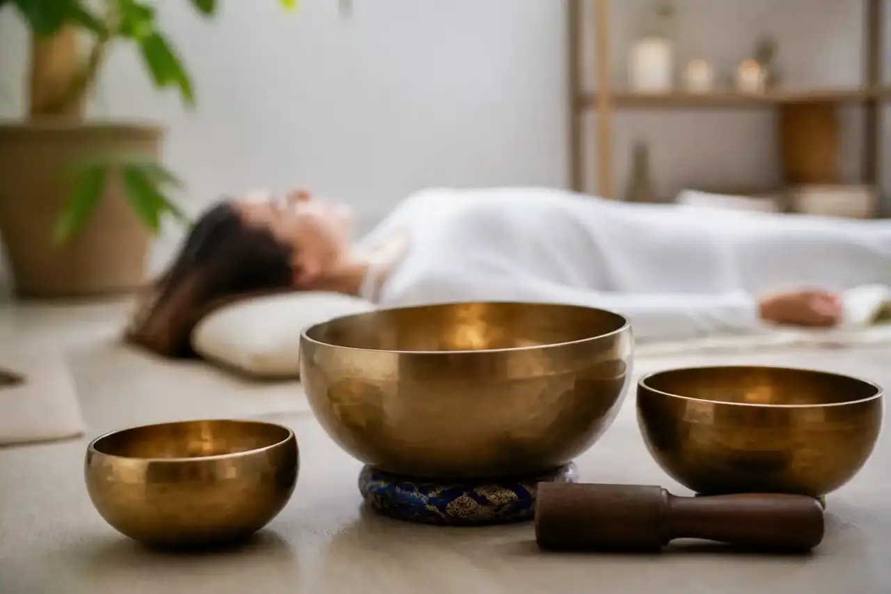 Femme apaisée recevant une séance de sonothérapie avec des bols tibétains dans un espace lumineux et végétal