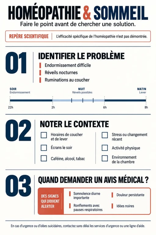 Infographie sur l’homéopathie pour dormir, les troubles du sommeil et les signes nécessitant une consultation