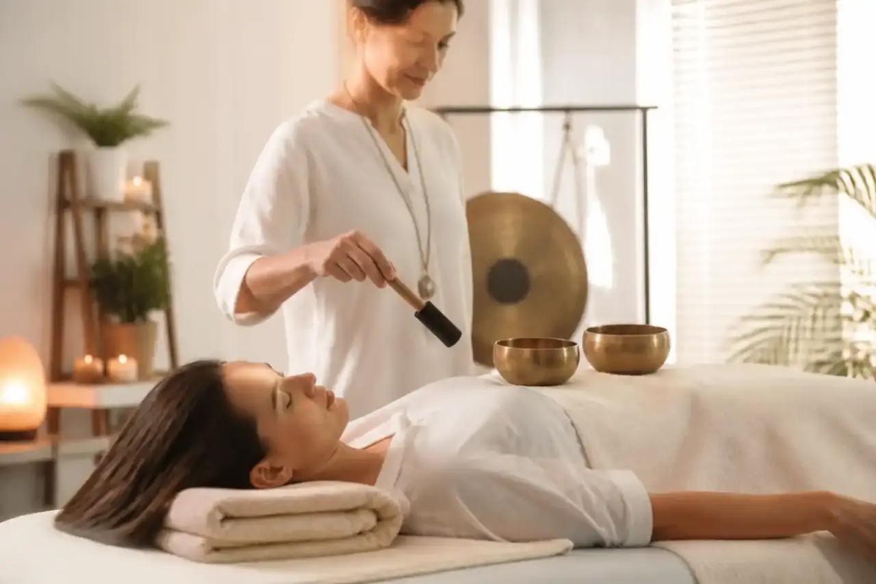 Séance de sonothérapie et massage énergétique dans un espace zen