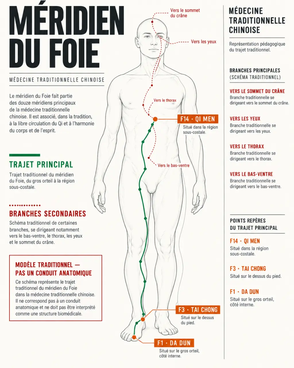 Schéma du méridien du Foie en MTC et localisation de F3 Tai Chong