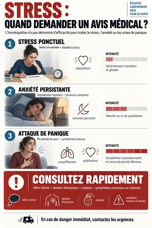 Infographie sur le stress par homéopathie, l’anxiété, la crise de panique et les signes nécessitant une consultation